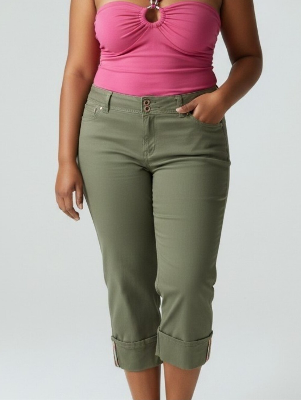 GAP Low Rise Cropped Stretch Capri Pants Size 14 Olive Green Paisley Trim Cuff